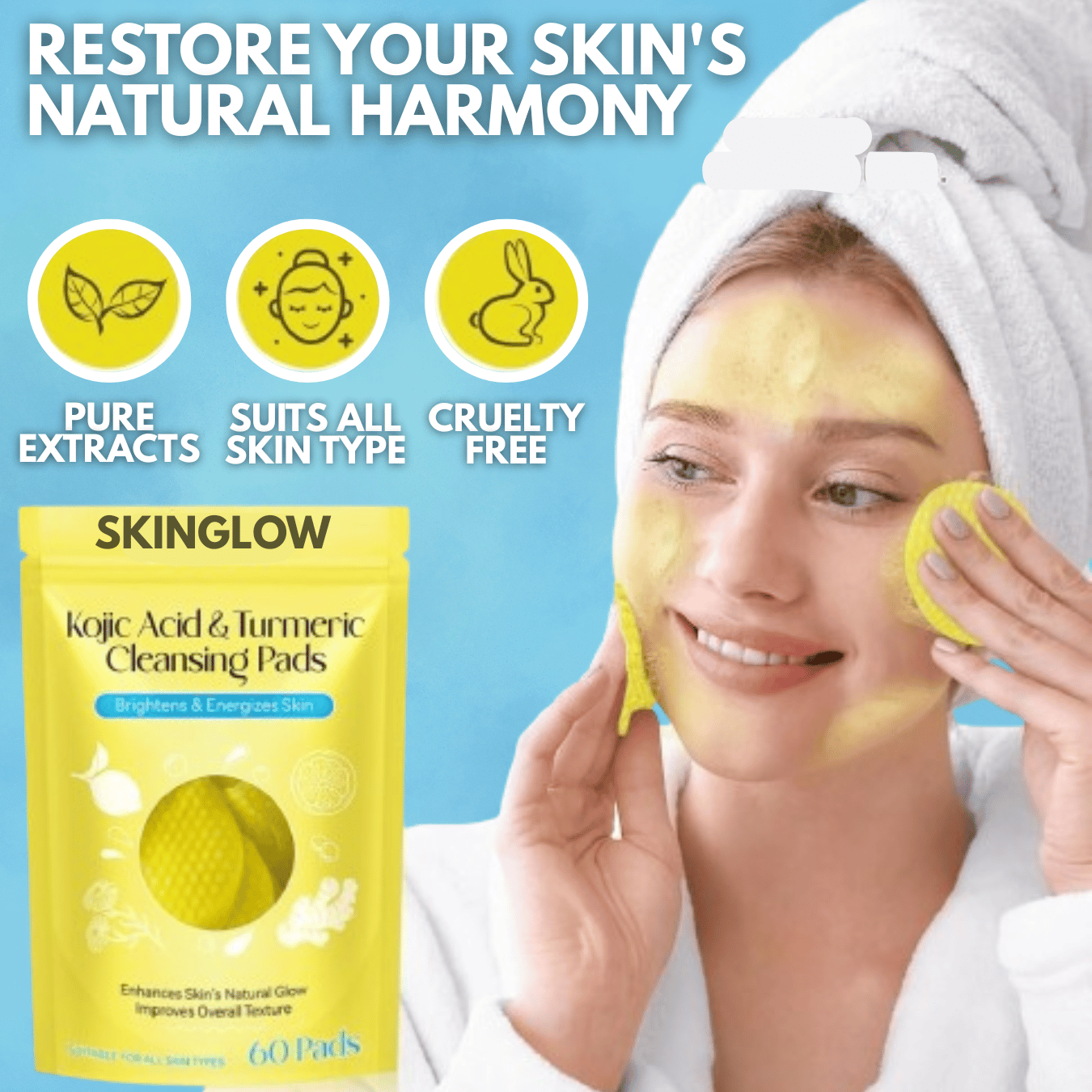 SkinGlow - Korean Turmeric Kojic Acid Cleansing Pads (Pack of 20)